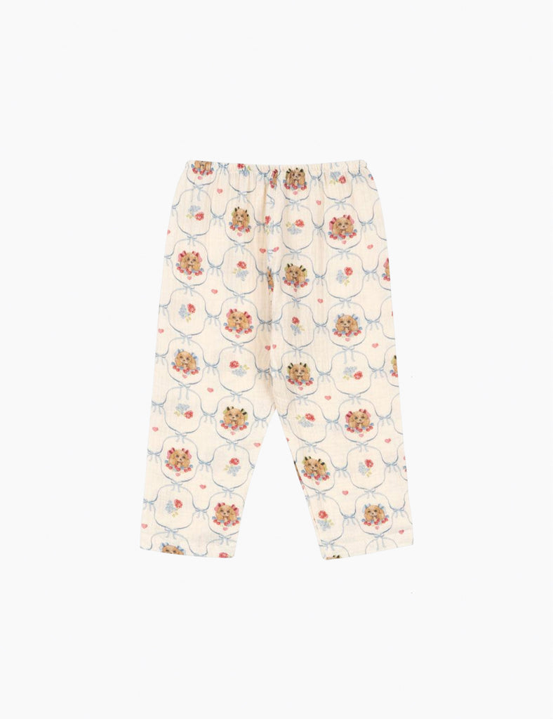 Puppy patterned print on cotton pants.