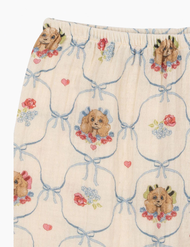 Puppy patterned print on cotton pants.