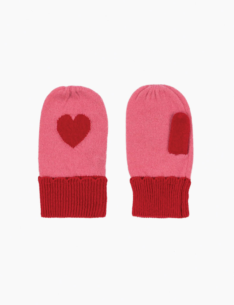 Pair of pink mittens with red hearts on a white background