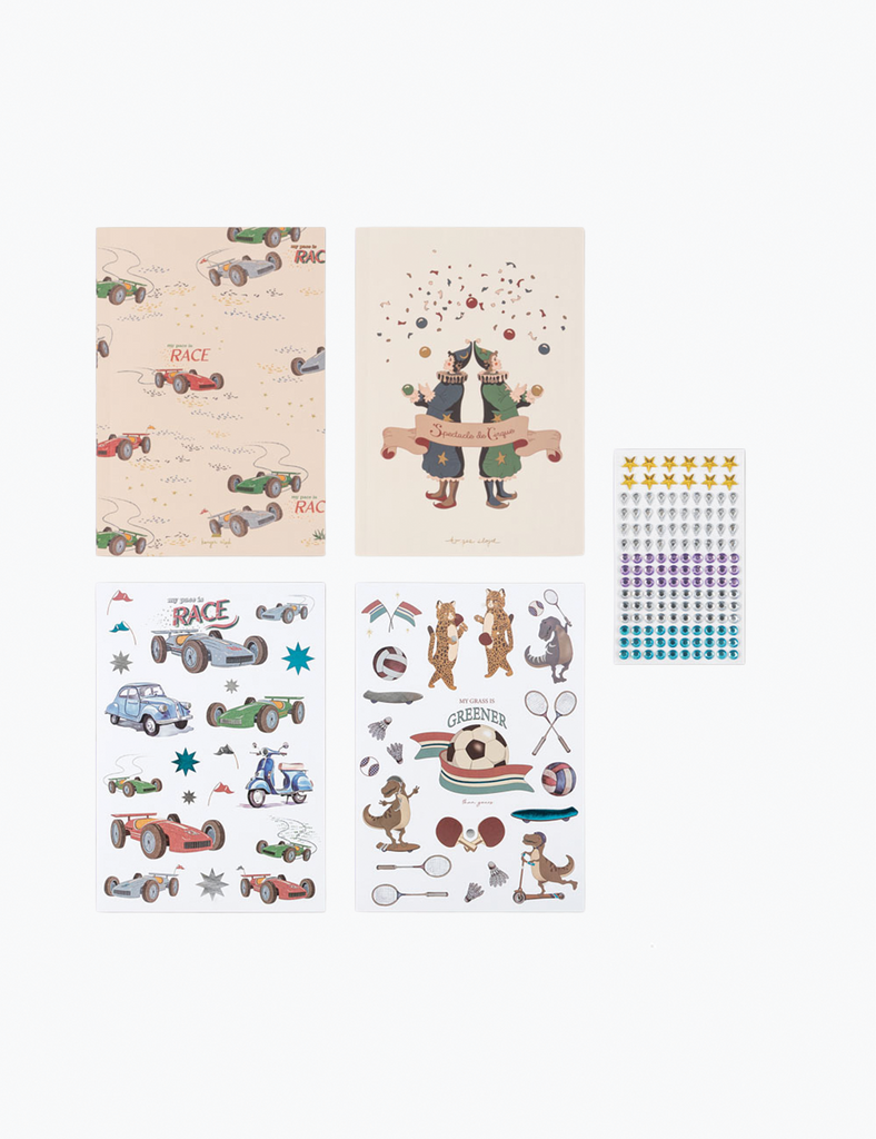 Collection of children's stickers with racing cars, animals, and other designs on a white background.