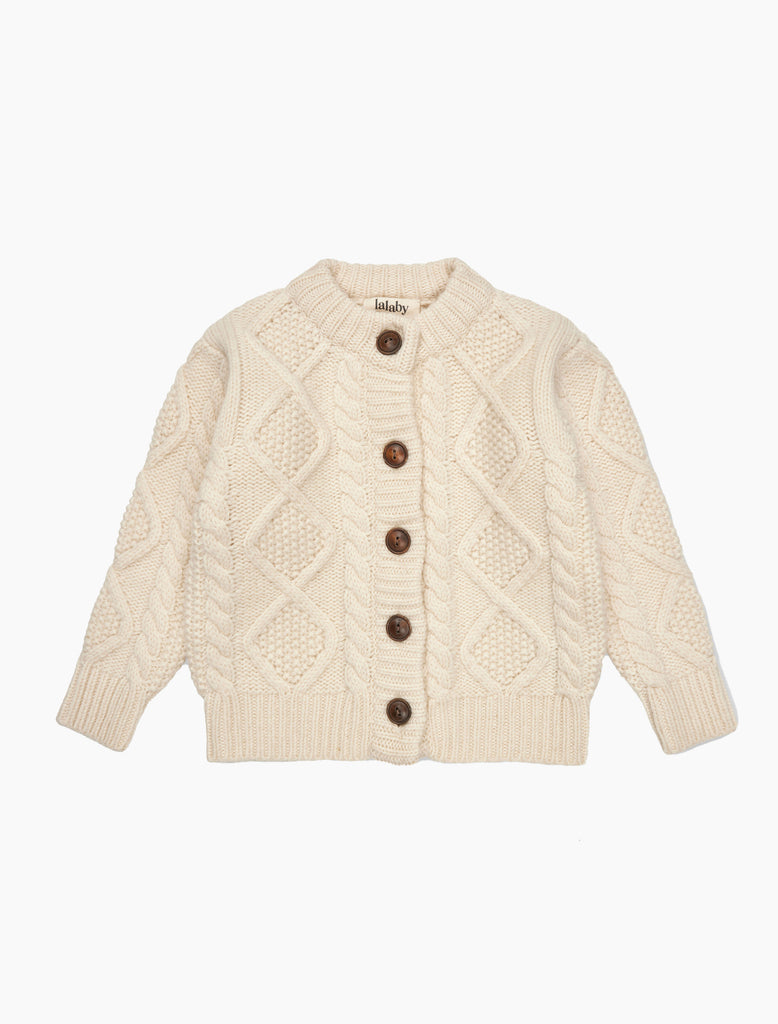 Knitted cardigan with brown buttons on a white background
