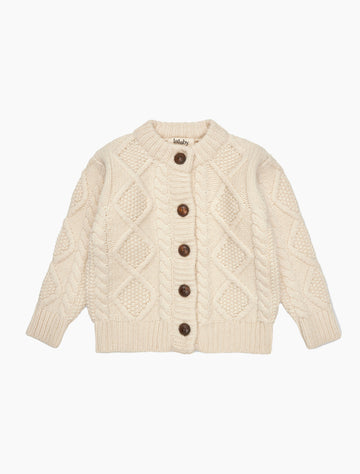 Knitted cardigan with brown buttons on a white background