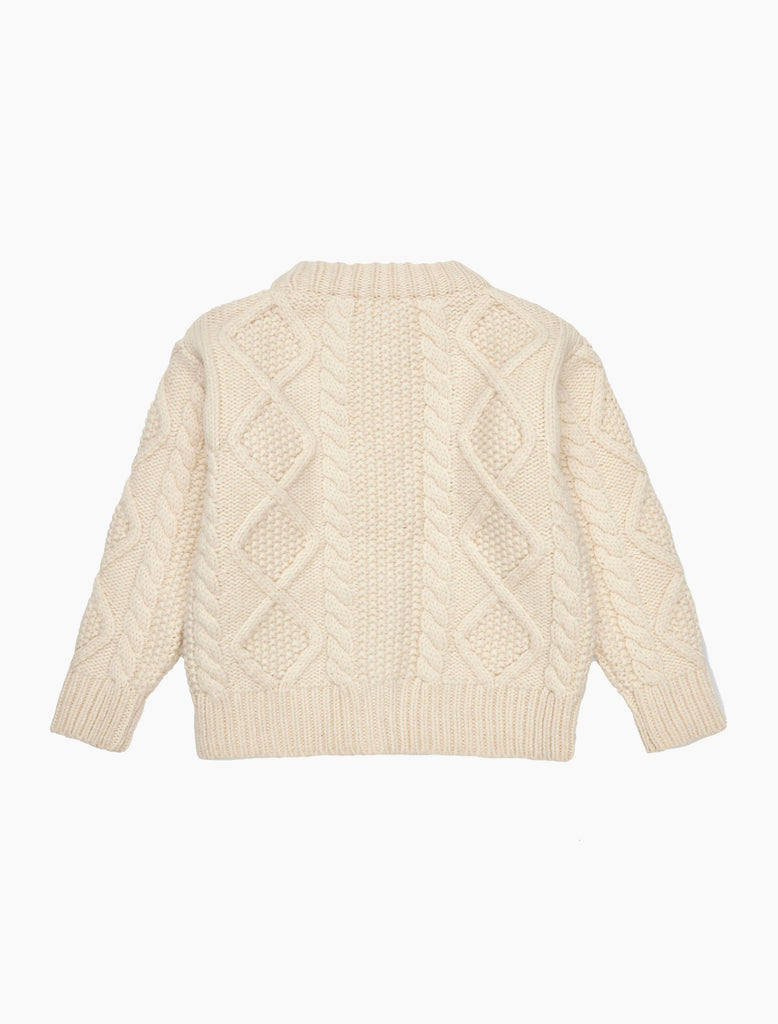 Cream-colored knitted cardigan on a white background