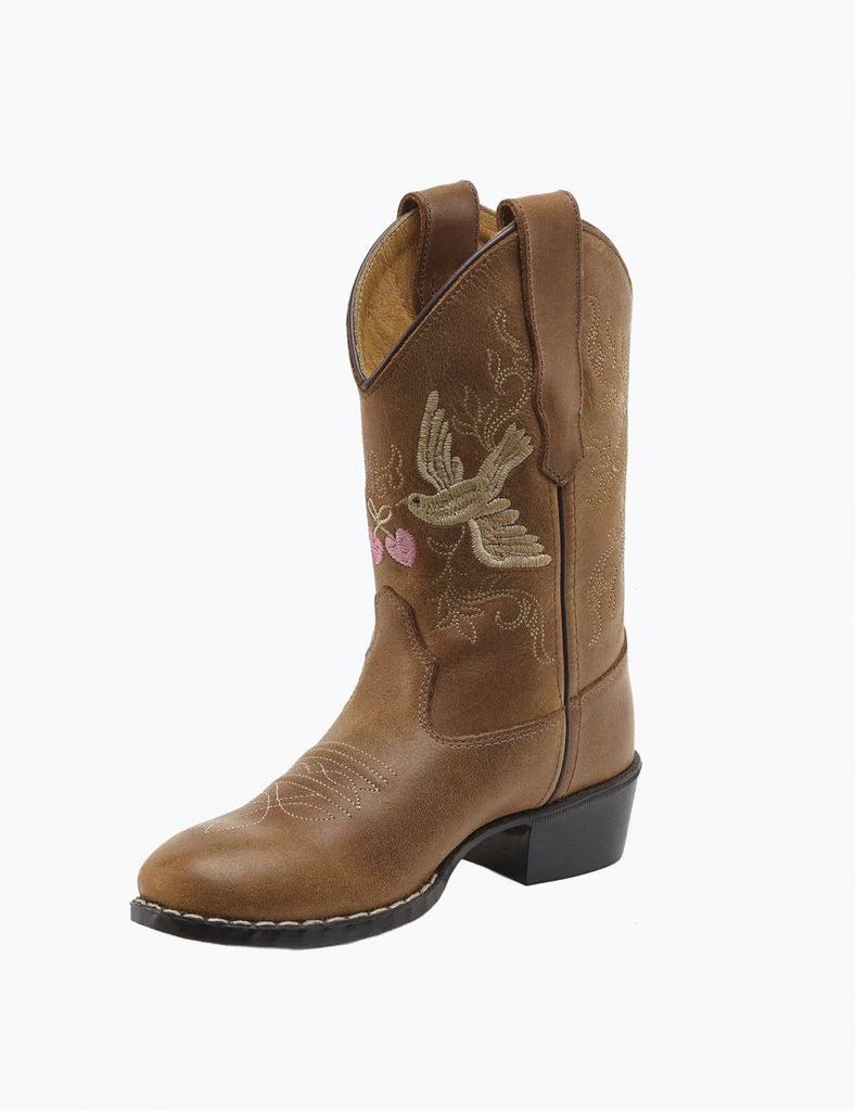 Brown cowboy boot with floral embroidery on a white background