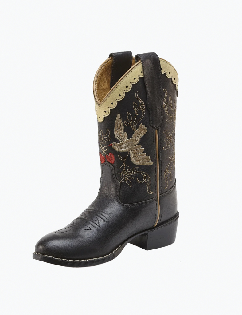 Black cowboy boot with intricate embroidery on a white background
