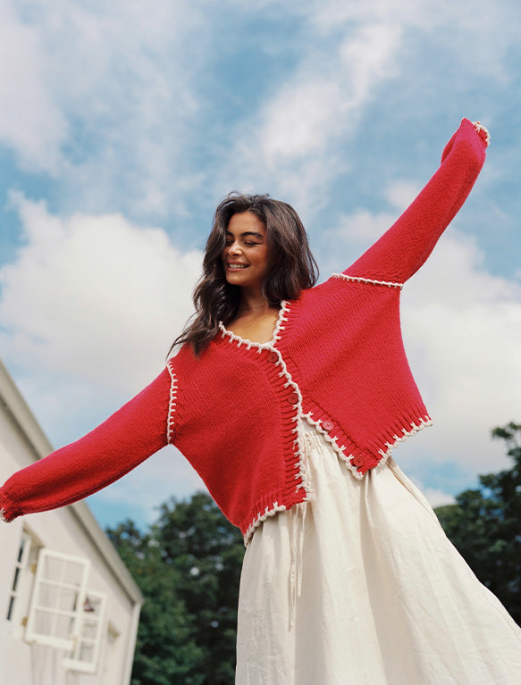 Image of Contrast Knit Cardigan in Cherry.