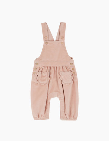 Pink baby overalls with floral details on a white background