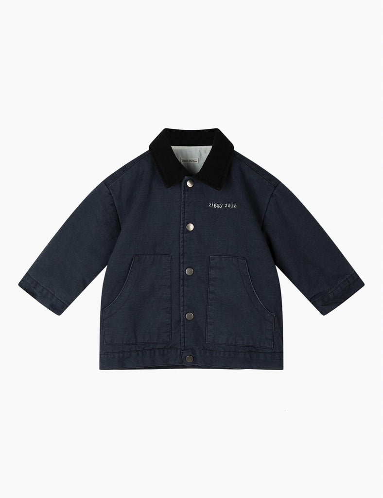 Navy blue jacket with black collar on a white background