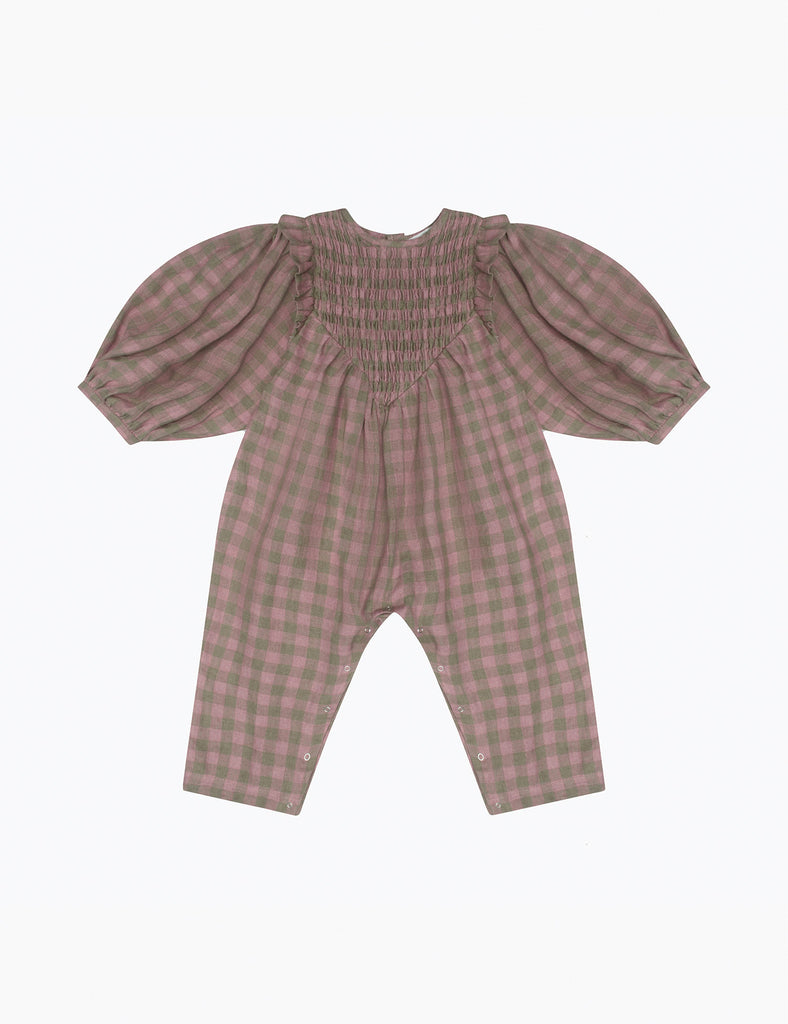 Image of Draughts Romper in Rose Check.