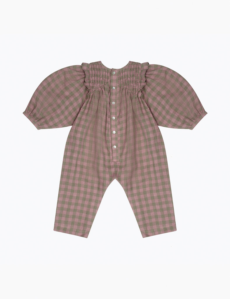 Image of Draughts Romper in Rose Check.