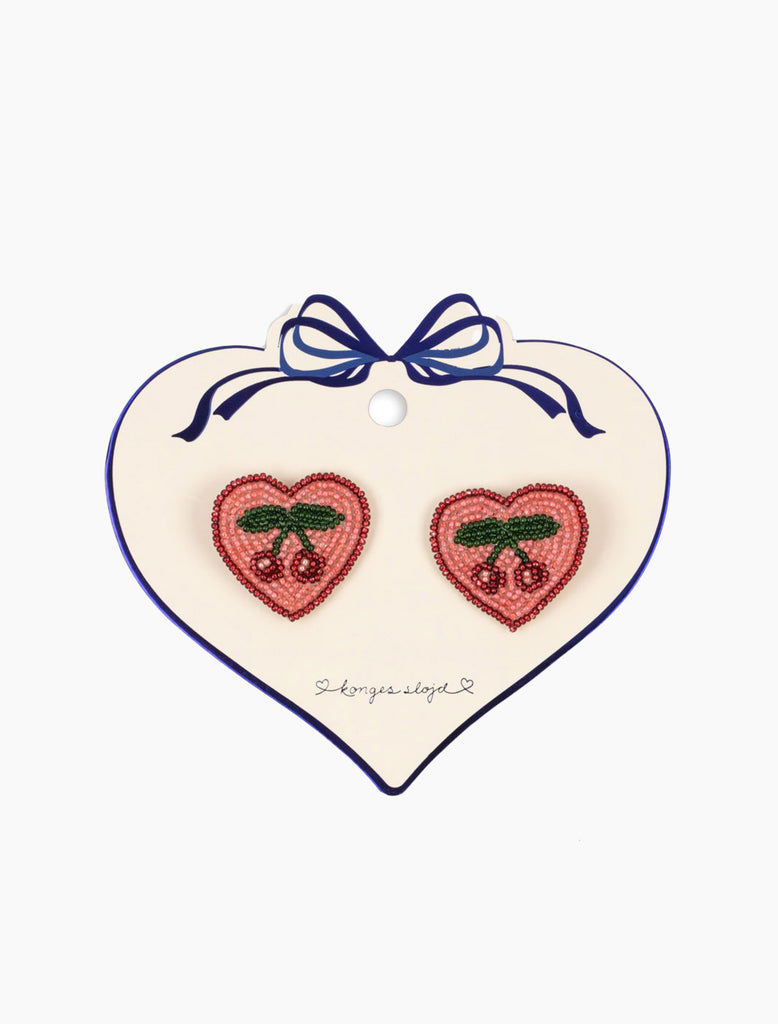 Heart-shaped earrings with cherry design on a white background
