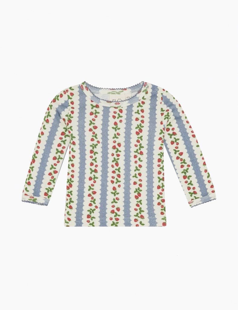 Image of a child's cotton top with a blue, white and strawberry striped pattern on a white background.