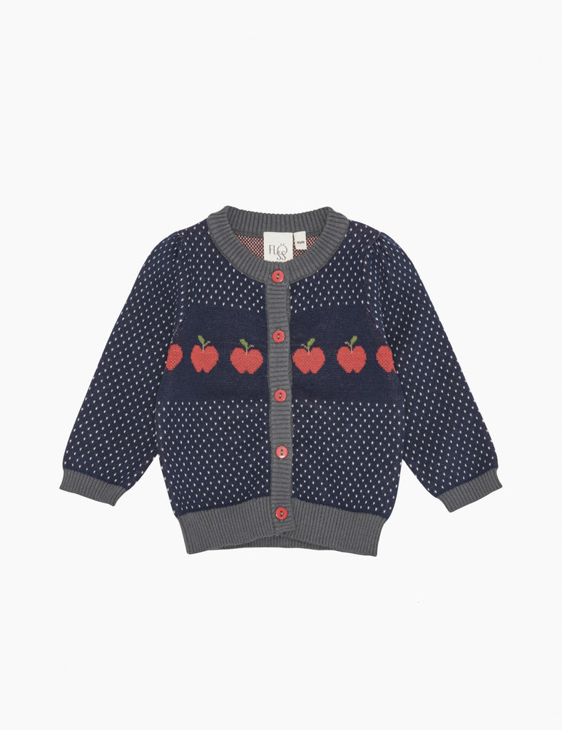 Children's cardigan with apple pattern on a white background