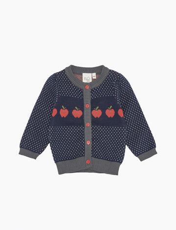 Children's cardigan with apple pattern on a white background