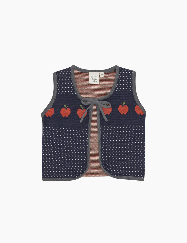 Children's vest with red apple design on a white background