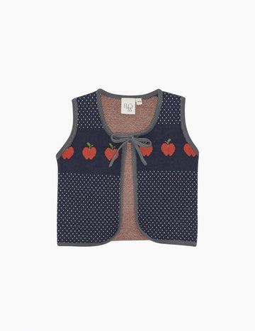 Children's vest with red apple design on a white background