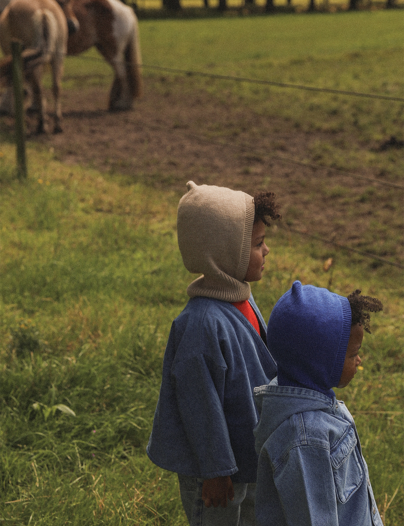 Image of two children wearing knitted head scarves standing in a field looking at horses.