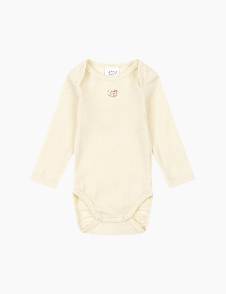 Cream baby bodysuit on a white background