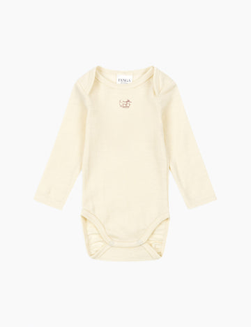 Cream baby bodysuit on a white background