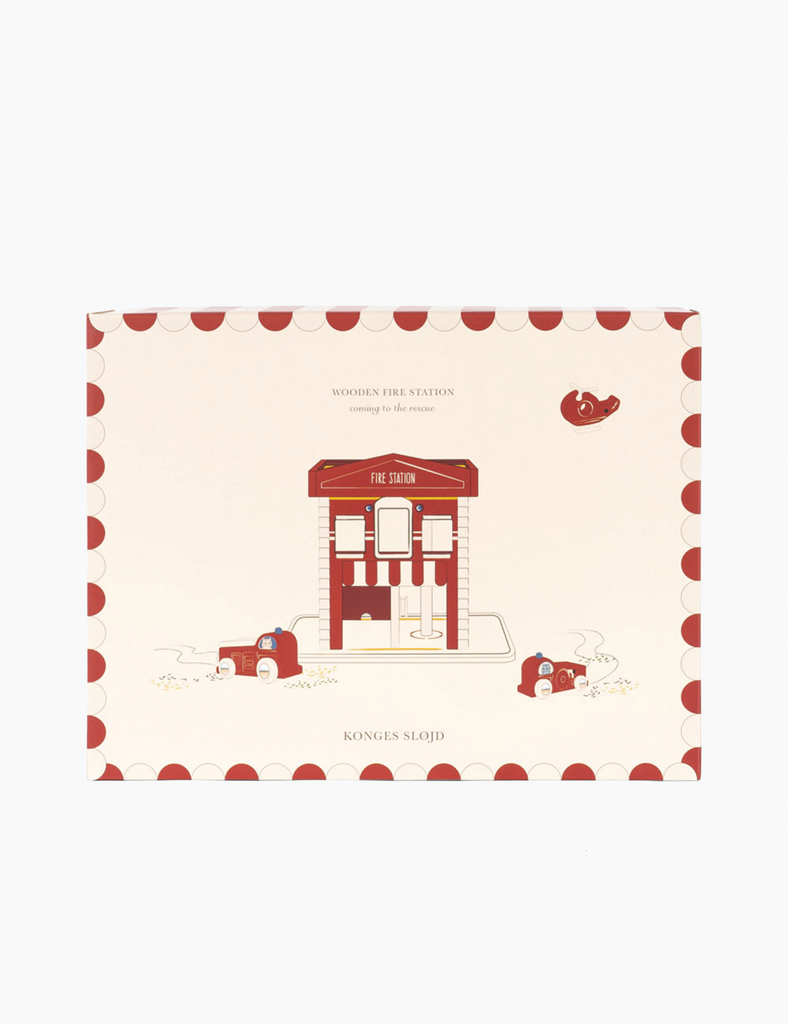 Product packaging with red polka dots and illustrations on a beige background