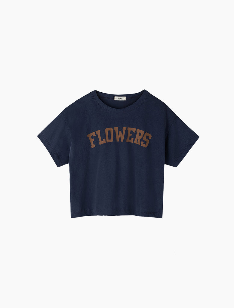 Navy blue t-shirt with 'FLOWERS' text on a white background