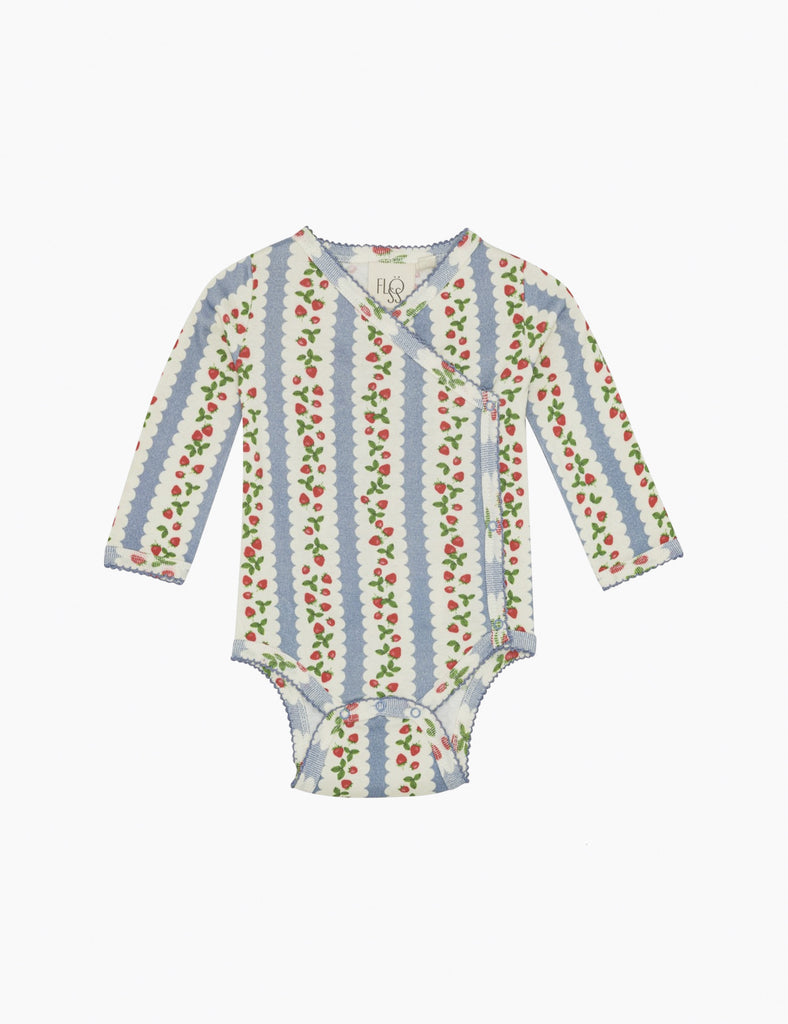 Baby onesie with strawberry and stripe pattern on a white background.