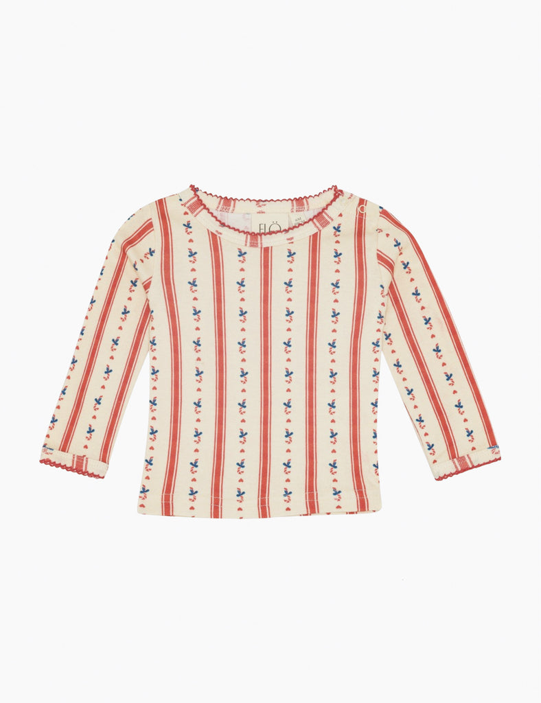 Children's long-sleeve shirt with red and blue pattern on a white background