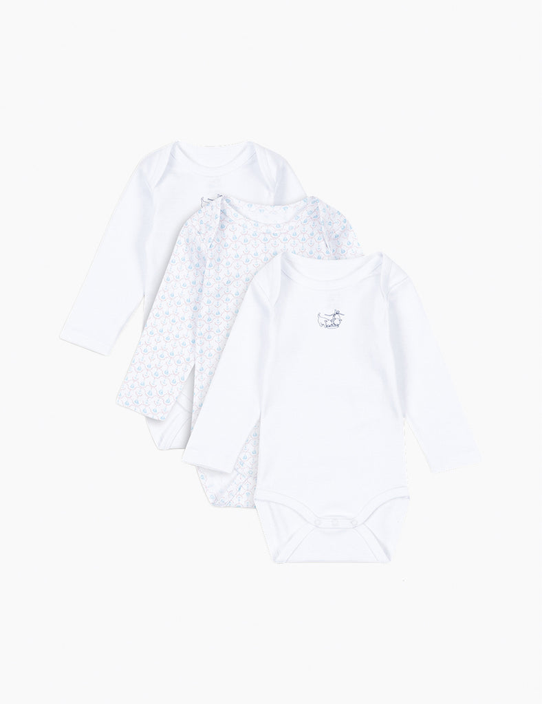 3-pack baby bodysuits with a subtle pattern on a white background