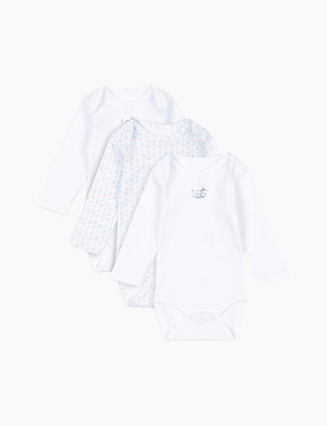 3-pack baby bodysuits with a subtle pattern on a white background