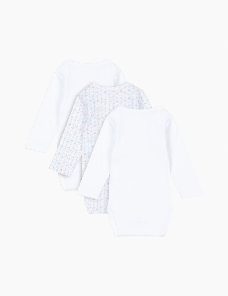 3-pack baby bodysuits with a subtle pattern on a white background