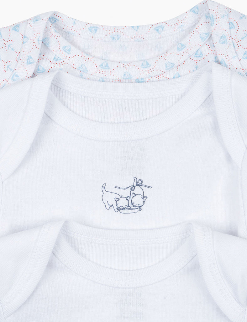 3-pack baby bodysuits with a subtle pattern on a white background