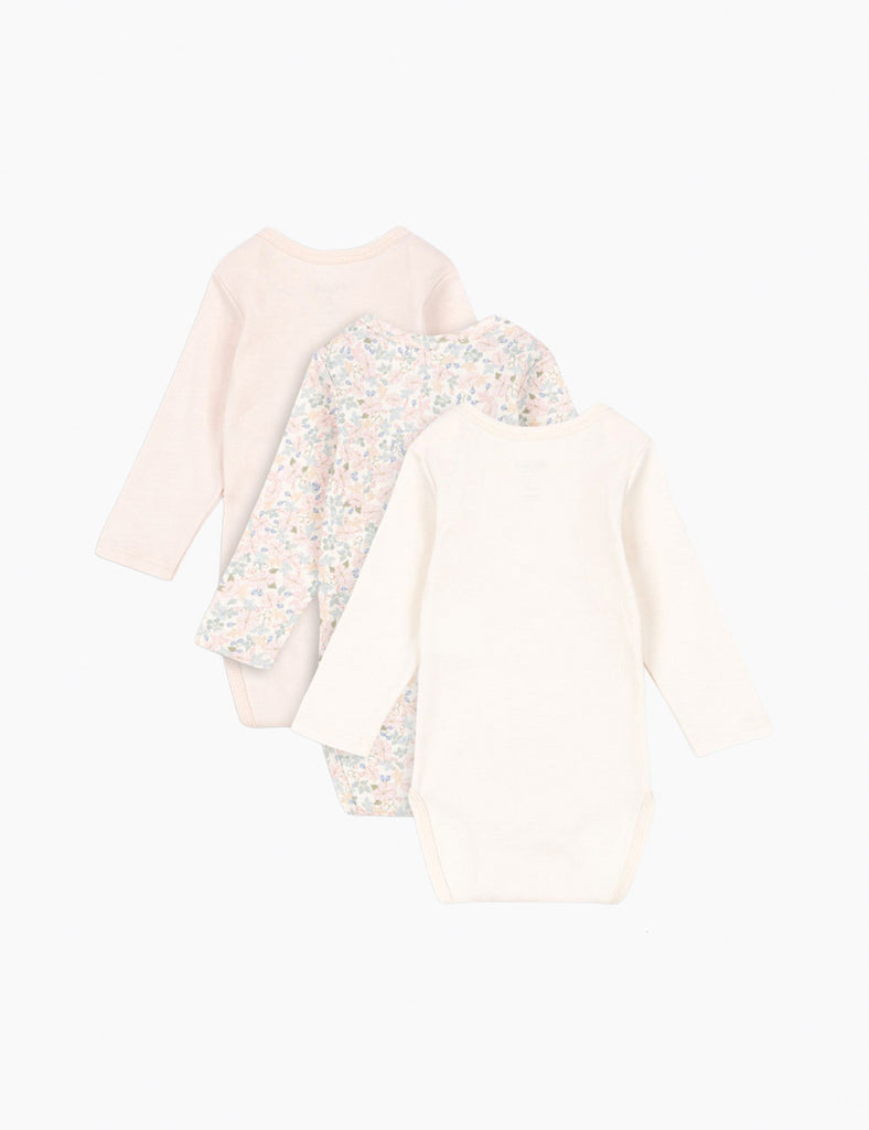 3-pack baby bodysuits on a white background.