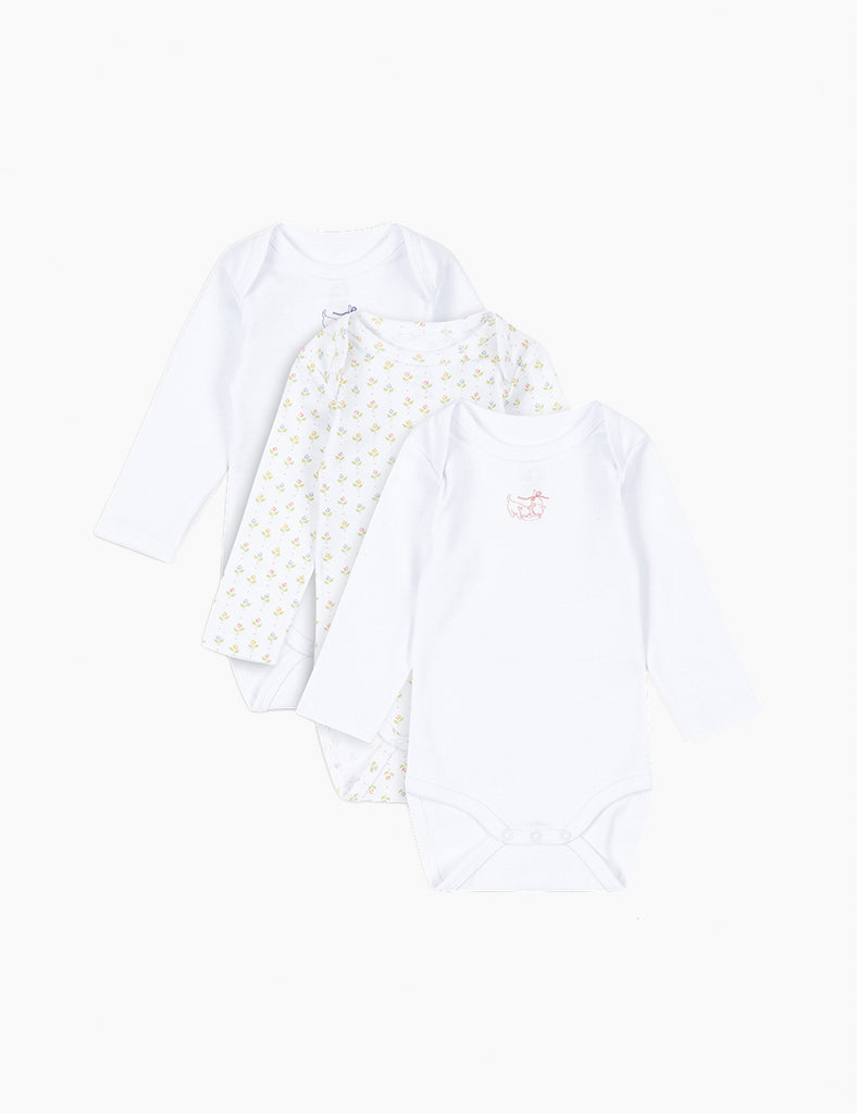 3-pack baby bodysuits on a white background.