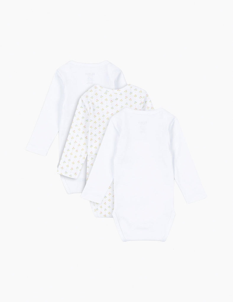 3-pack baby bodysuits on a white background.