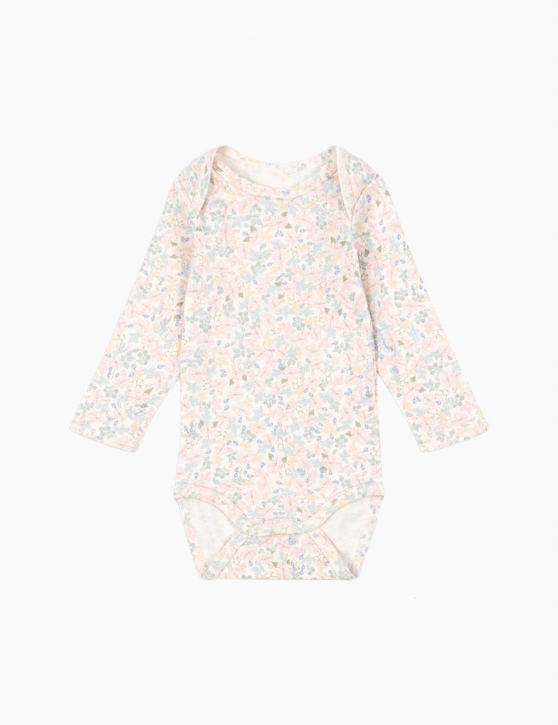 Floral-patterned baby onesie on a white background