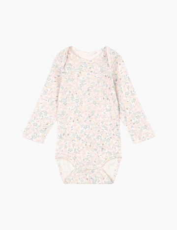 Floral-patterned baby onesie on a white background