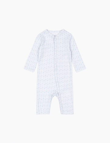White baby onesie with blue checkered pattern on a white background