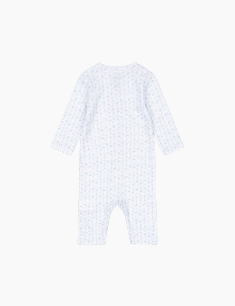 White baby romper with blue checkered pattern on a white background