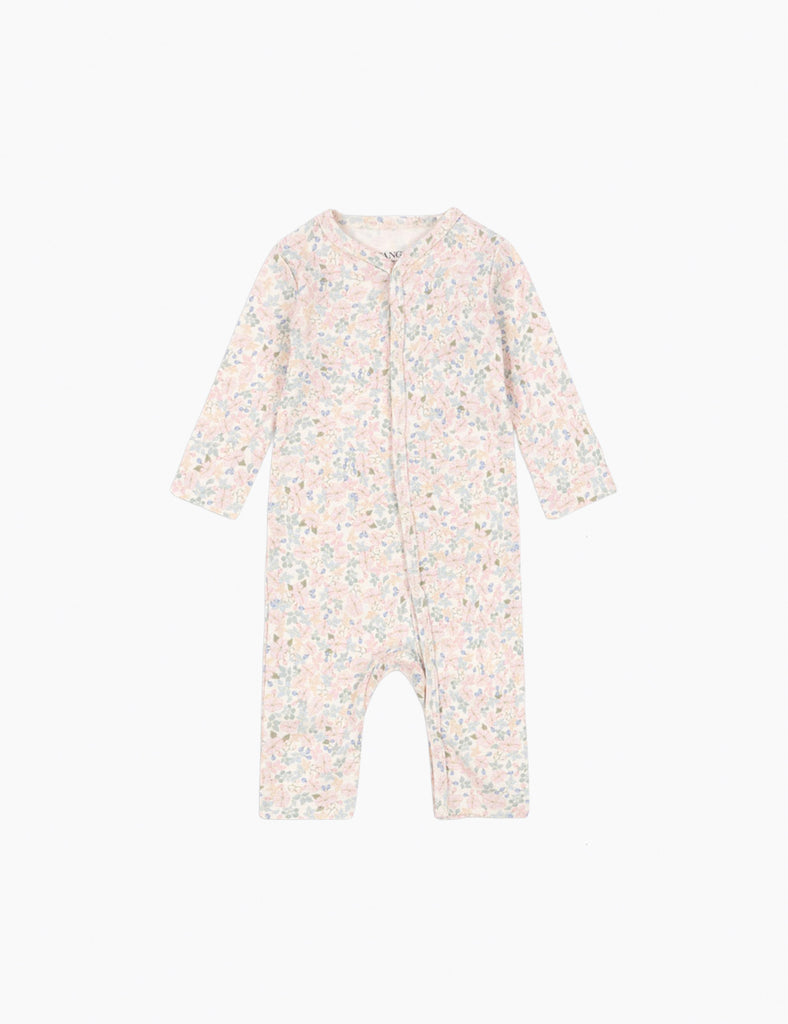 Floral-patterned baby onesie on a white background