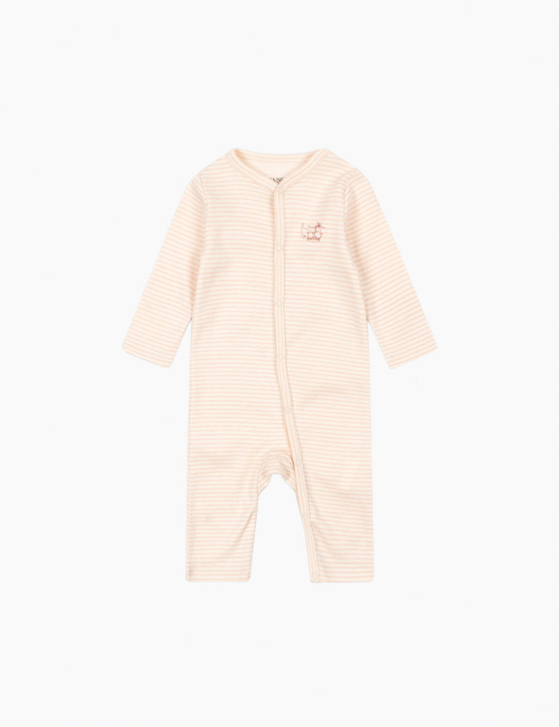 Pink striped baby onesie on a white background