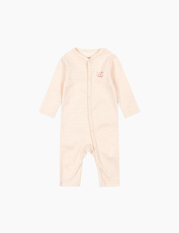 Pink striped baby onesie on a white background