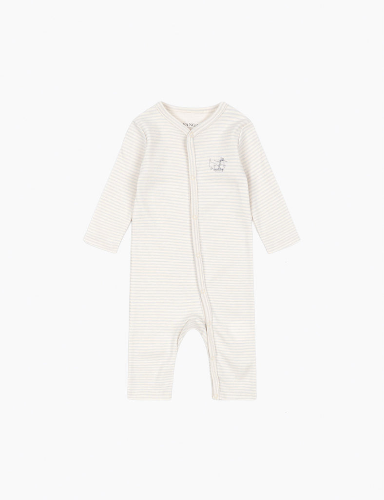 Striped baby onesie with a small design on a white background