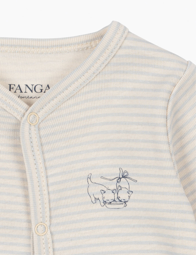 Striped baby outfit with printed design on a white background