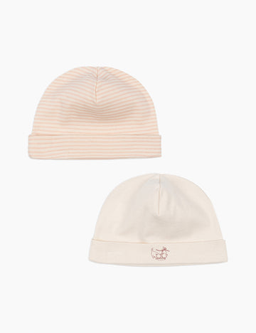 Two baby beanies on a white background