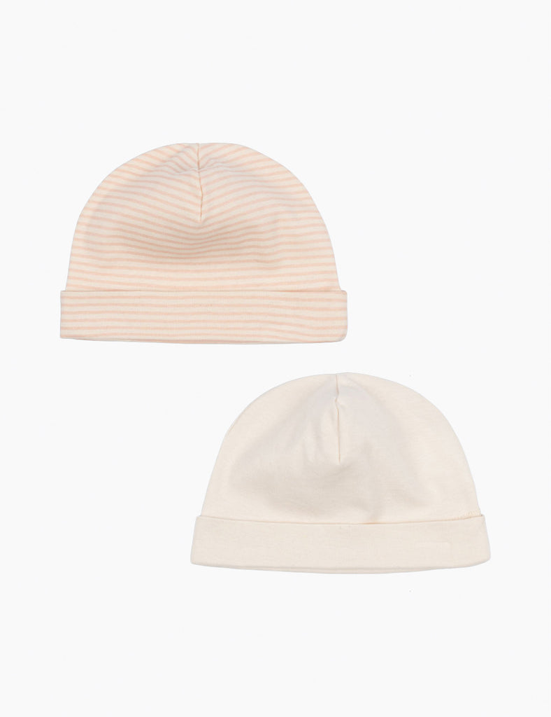 Two baby beanies on a white background
