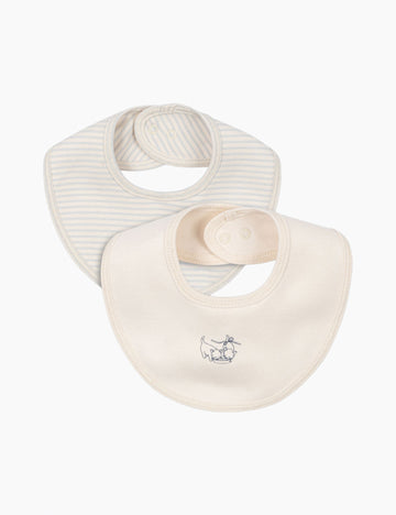 Two baby bibs, one ribbed and one plain, on a white background