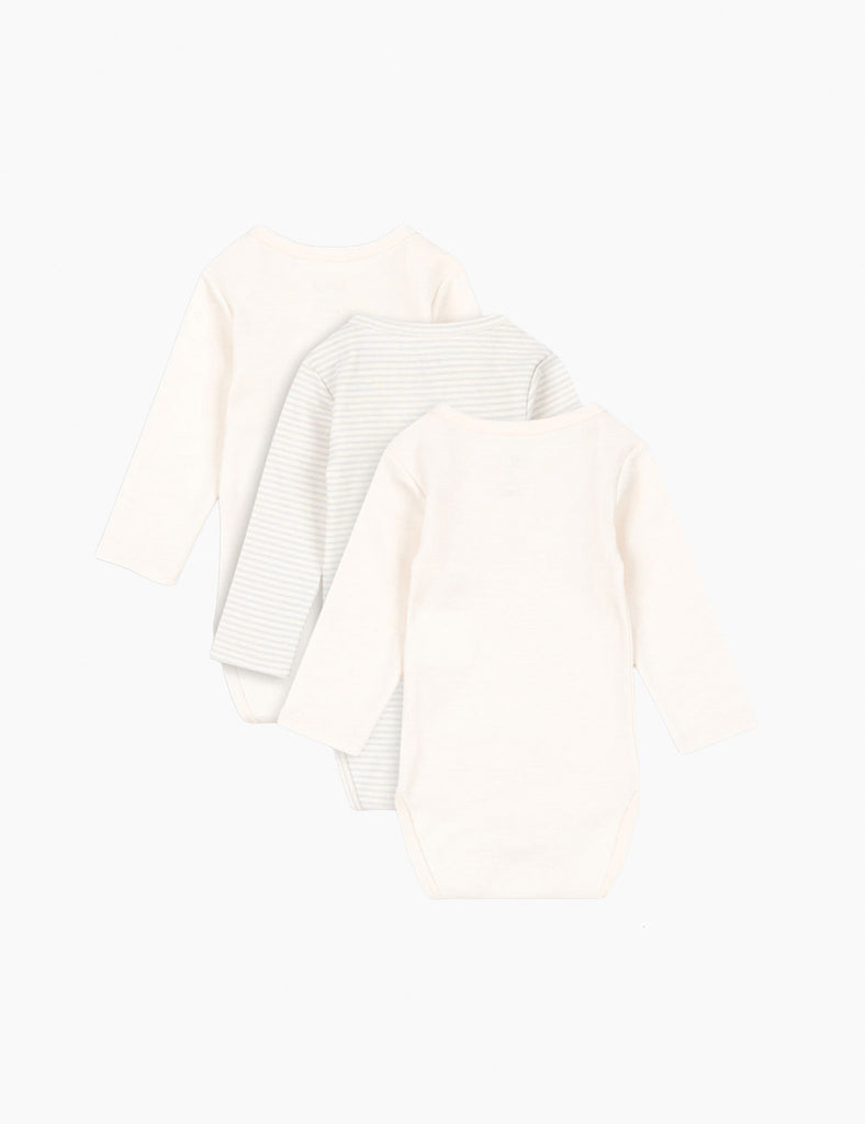 3 baby bodysuits on a white background