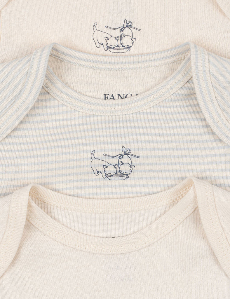 Two baby rompers, one striped and one plain, with a brand logo on a white background.