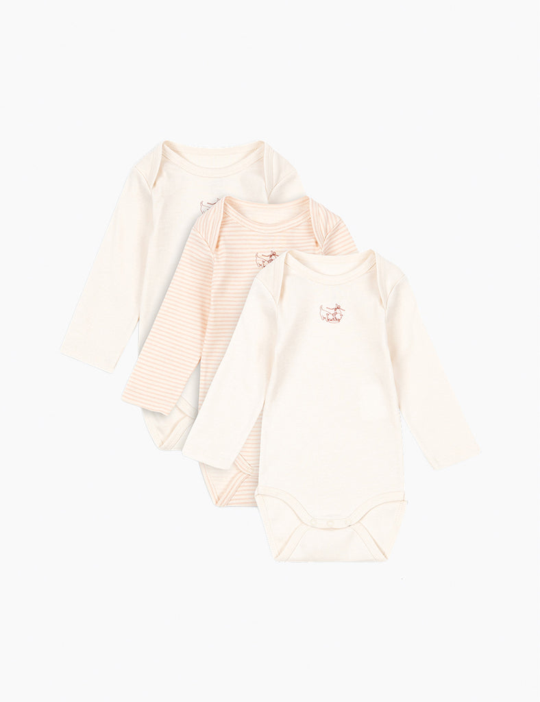 Two baby rompers, one striped and one plain, on a white background