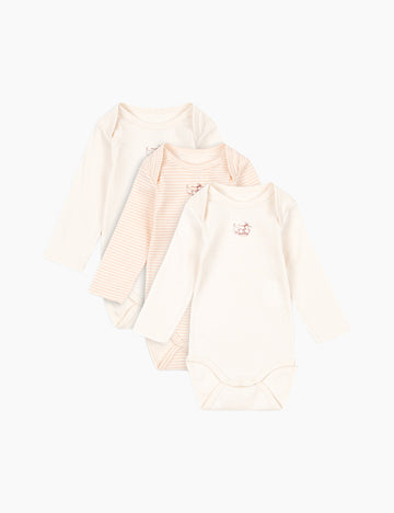 Two baby rompers, one striped and one plain, on a white background